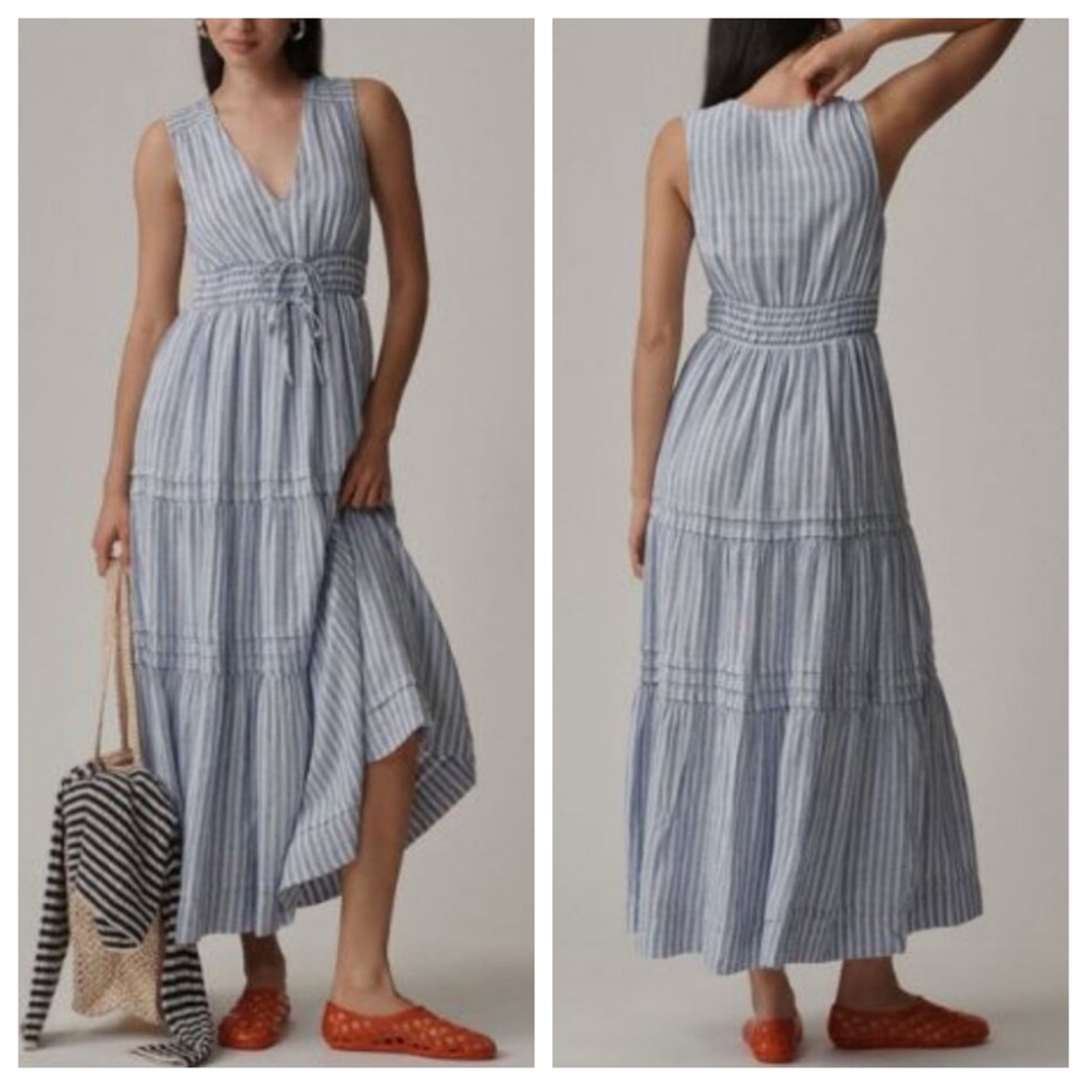Anthropologie Blue and White Striped Tiered Maxi Dress